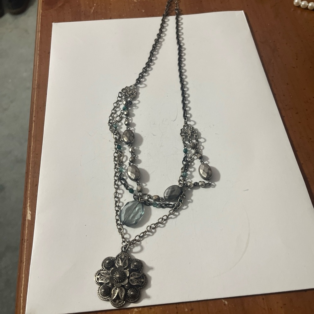 Vintage Necklace Silver Tone Pendent Flower Dangle Multi Strand 16/18 Inches